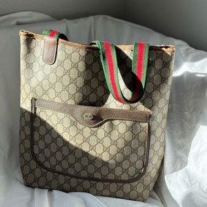 ❌ SOLD ❌ Vintage GUCCI Web Sherry Line GG Canvas Tote Bag Red Green Brown Auth